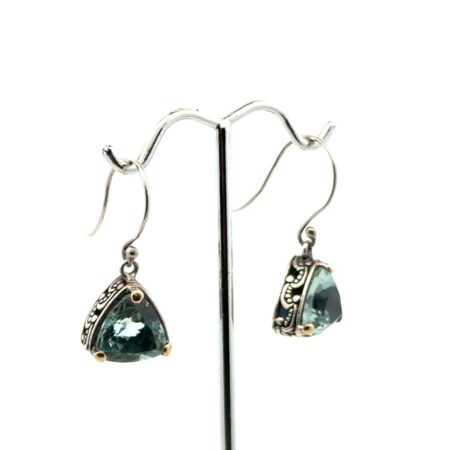 925 Sterling Silver, Dangle Earrings, Green Amethyst w/18k Gold Prong Beads 7.7g