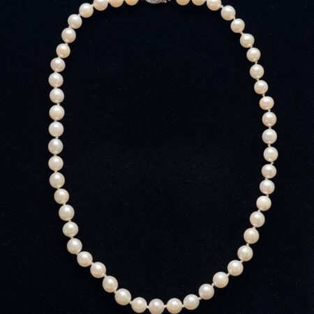 15” x 6mm Hand Tied White Pearl Beaded Necklace w/ 14k White Gold Clasp 18.2g