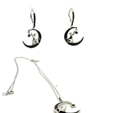 18” 925 Sterling Black Spinel Crescent Moon Cat Pendant + Matching Earrings 11g