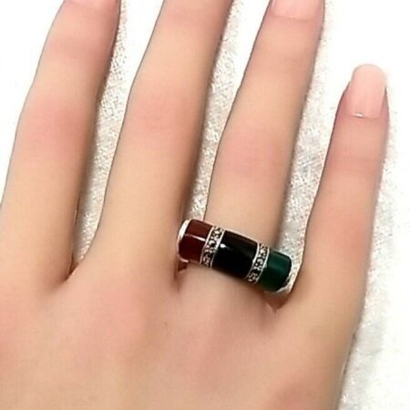 Sterling Silver Marcasite, Onyx, Agate & Green Chrysoprase Ring Size-6.75