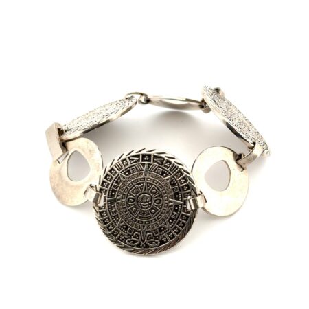 7” Vintage 925 Sterling Silver Aztec Calendar Circle Link Bracelet 40.7g