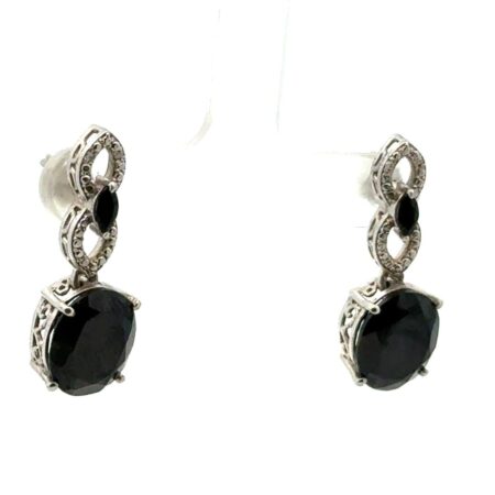 .925 Sterling Silver Black Onyx & Diamond Dangle Earrings, 6.1g