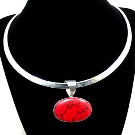 Sterling Large Red Jasper Slide Pendant on Silver 6mm Flat Choker Necklace 42.9G
