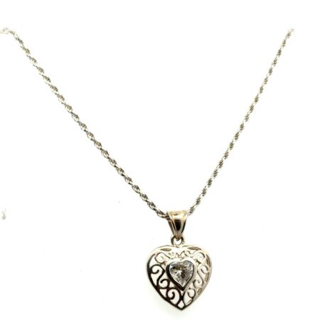 20” .925 Sterling Silver Cubic Zirconia Heart Pendant Necklace 10.0g