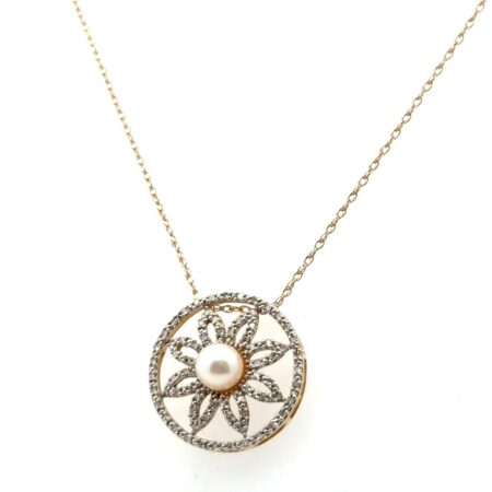 18” Round 14k Yellow Gold, Pearl, & White Sapphire Pendant Necklace 3.8g