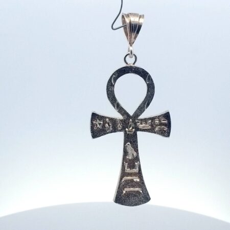 925 Sterling Silver Diamond-cut Ankh Cross Charm Pendant w/ Egyptian Hieroglyphs