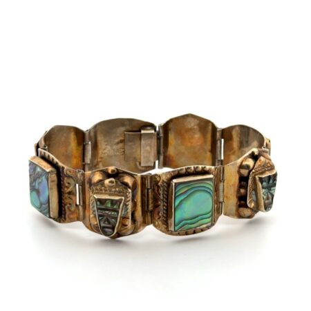 7” Vintage Mexico Gold Washed 925 Sterling Silver Abalone Panel Bracelet 38.8g