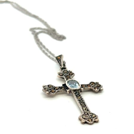 20” .925 Sterling Silver Blue Topaz, Marcasite Cross Pendant, 5.3g