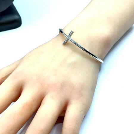 HAN Sterling Silver Pave CZ Cross, Hinged Bangle Bracelet - 6.5 Inch