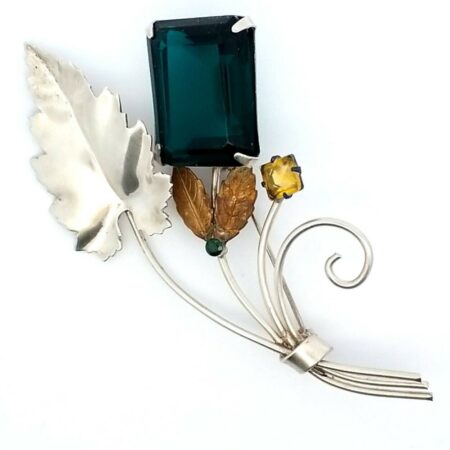Vintage Sterling Silver And Brass Leaf Green & Yellow Stone Brooch 19.8 Grams