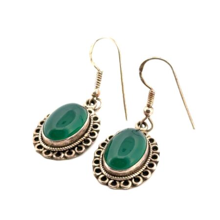 Vintage 925 Sterling Silver Green Oval Chrysoprase Dangle Earrings 6.8g