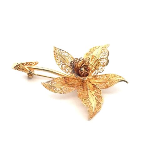 .925 Sterling Silver Gold Vermeil Orchid Filigree Pin, 5.6g