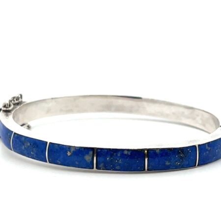 7” 950 Silver Inca Sodalite Hinged Locking Bangle Bracelet w/ Safety Chain 22.2g