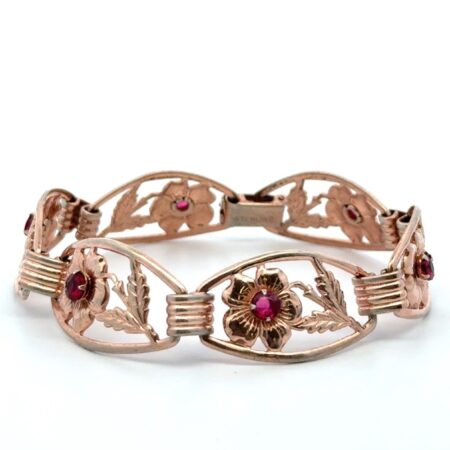 7” Vintage 925 Sterling Silver Gold Tone Red Stone Flower Floral Bracelet 14.5g