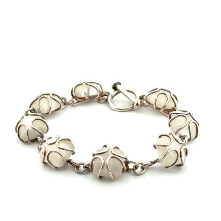 6.5” White Cat’s Eye 925 Sterling Silver Toggle Clasp Bracelet 21.3g