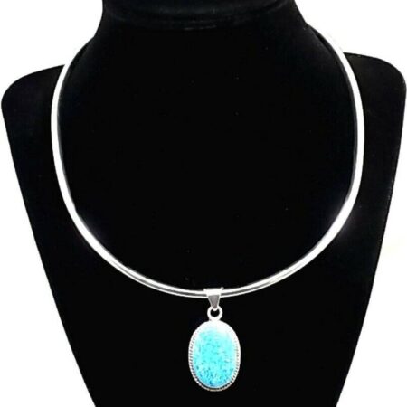 Sterling Silver Blue Stone Pendant w/ Sterling Silver Flexible Collar Necklace
