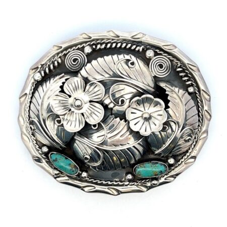 Taxco Mexico 950 Silver Floral Turquoise Stones Belt Buckle 2” Belt Width 109.2g