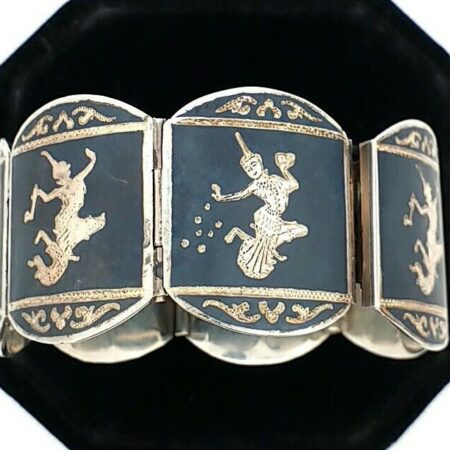 Vintage Siam Sterling Silver Black Niello Enamel Thai Dancer Panel Link Bracelet