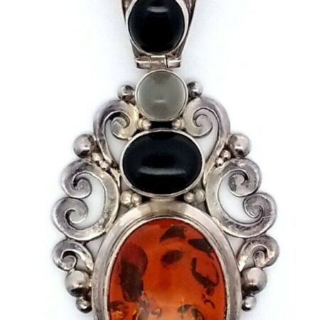 BA Suarti Indonesia Sterling Silver w/ Amber,Onyx & Moon Stone Pendant 21.2 Gram