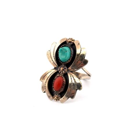 Size: 5.5 Southwestern 925 Sterling Silver Coral & Turquoise Ring 5.1g