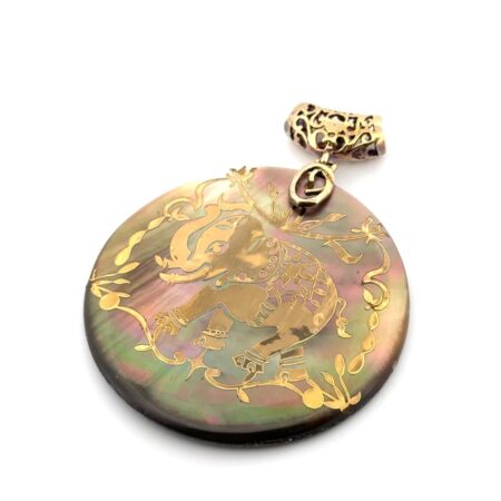 925 Sterling Silver Round Abalone & Gold Foil Elephant Pendant 14.8g