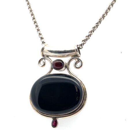 20” 925 Sterling Silver Onyx & Garnet Pendant on .999 Silver Rolo Chain 58.6g