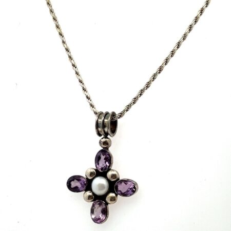 17” 925 Sterling Silver Rope Chain Necklace w/ Amethyst & Pearl Cross Pendant