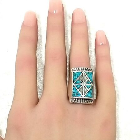 Vintage Sterling Silver Navajo Turquoise & MOP Mosaic Ring 16.8 Grams Size-6