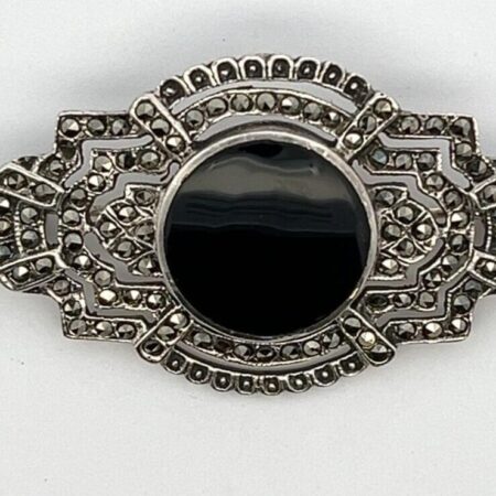 Vintage 925 Sterling Silver Onyx & Marcasite Brooch/Pin Marked Boma 10.5 Grams