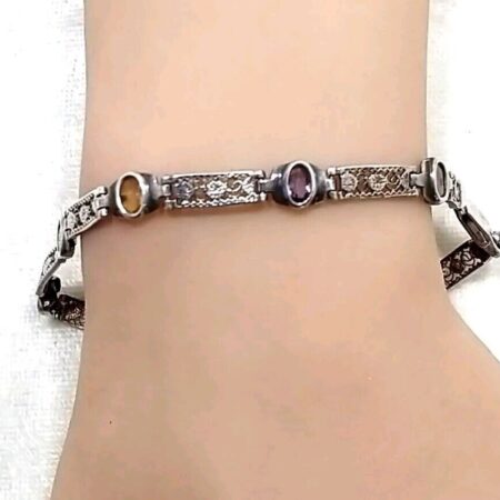 Vintage Sterling Silver Multi-Color Gemstones 8.25" Bracelet 7.5 Grams