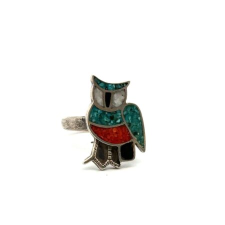 Vtg. Native Amer. 925 Sterling Owl Ring Turquoise/Coral Inlay Size 7.5 8.1g