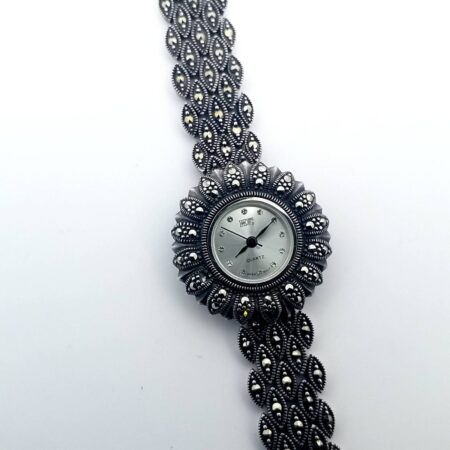 Sterling Silver & Marcasite Ladies "HF" Quartz Watch 7" Bracelet