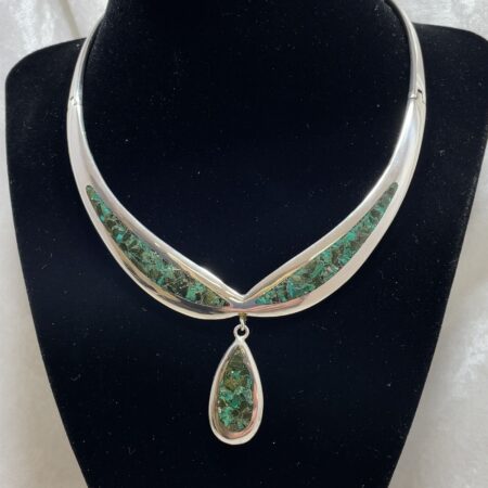 Vintage Sterling Silver Onyx and Malachite Inlay Choker Necklace