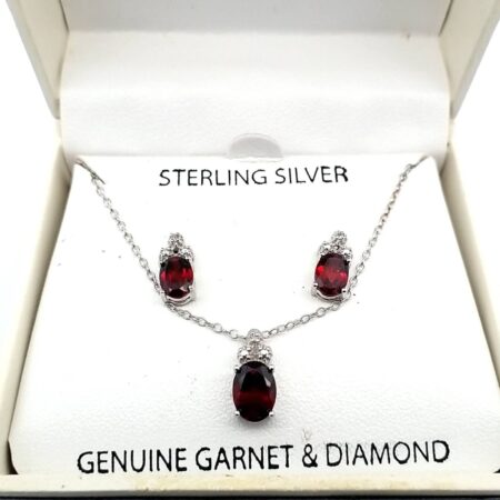 Sterling Silver Diamond & Garnet 18" Necklace with Earrings Set  "Macy's"