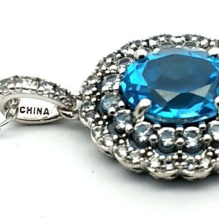925 Sterling Silver 18" Oval Blue Topaz Halo Of White Topaz Stones Necklace 2.9G