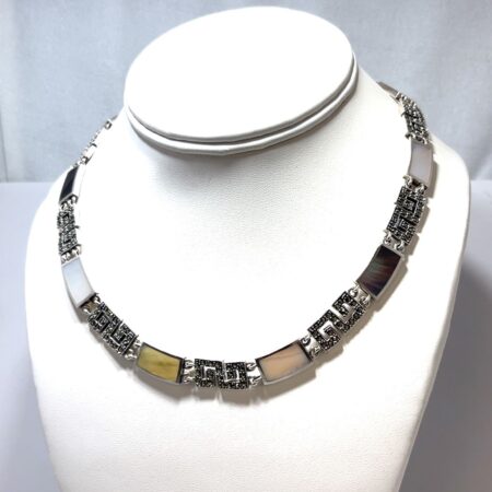 16” 925 Sterling Silver Marcasite & Mother of Pearl Greek Key Bib Necklace 46.4g