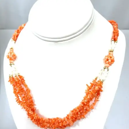 22” Multi-Strand Red Coral & Freshwater Pearl Beaded Necklace w/ 14k Yellow Gold