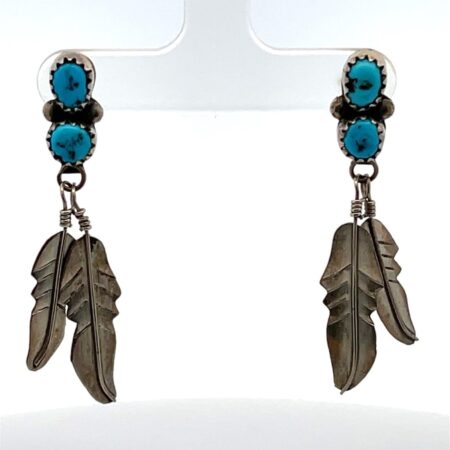 Sterling Silver Turquoise Feather Dangle Stud Earrings - 3.8 Grams