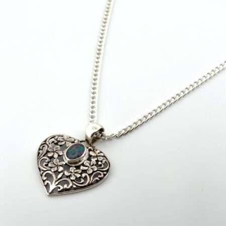 18” x 3mm Floral Opal Heart 925 Sterling Silver Pendant Cuban Link Necklace 15g