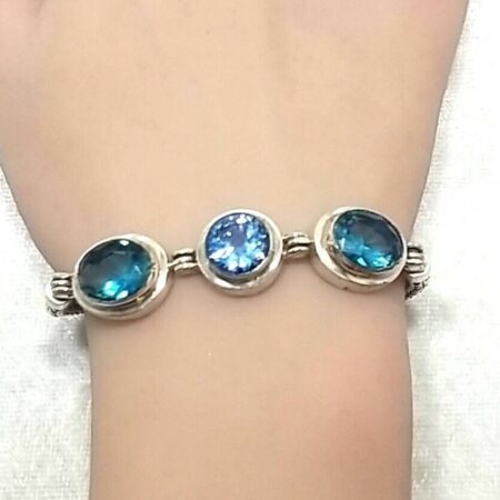 Sterling Silver 3 Blue Stone Wheat Chain 7.5" Bracelet 27.7 Grams