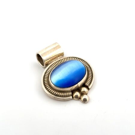 Mexico 925 Sterling Silver Oval Blue Cat’s Eye Pendant 12.4g