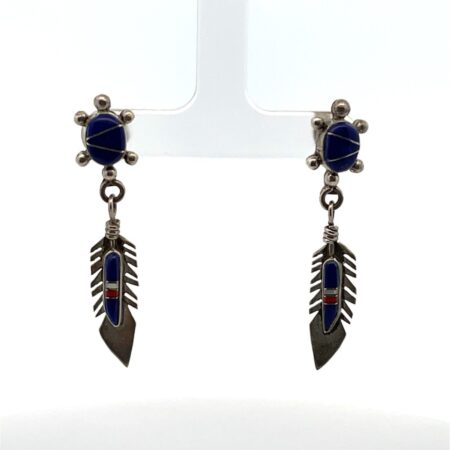 Sterling Silver Turtle & Feather Lapis,Coral,MOP Inlay Dangle Earrings 4.7 Grams