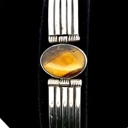 925 Sterling Silver And Oval Tiger Eye Bracelet 7.5 Inch 26.5 Grams