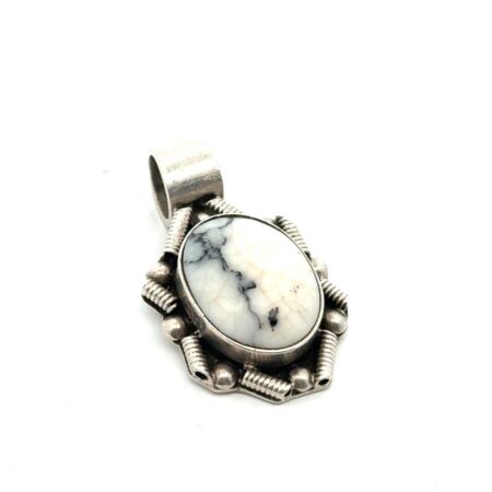 Native American Navajo 925 Sterling Silver Oval White Buffalo Pendant, 13.0g