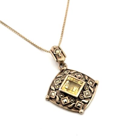 20” - 925 Sterling Silver Citrine & Marcasite Pendant Box Chain Necklace 9.6g