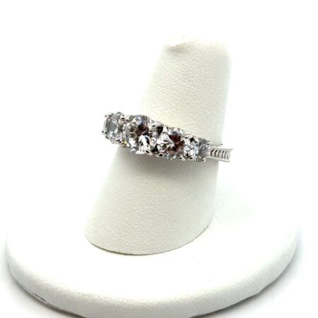 .925 Sterling Silver 5 CZ’s Diamond Cut Band, A-7, Prong Settings, 3.8g