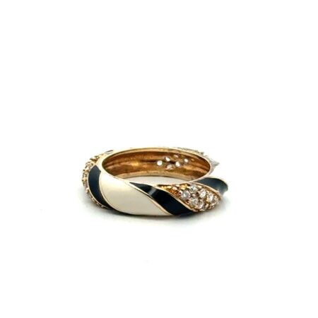 ADI .925 Sterling Silver Gold Vermeil White+Black Enamel Ring Size-6, 3.5g