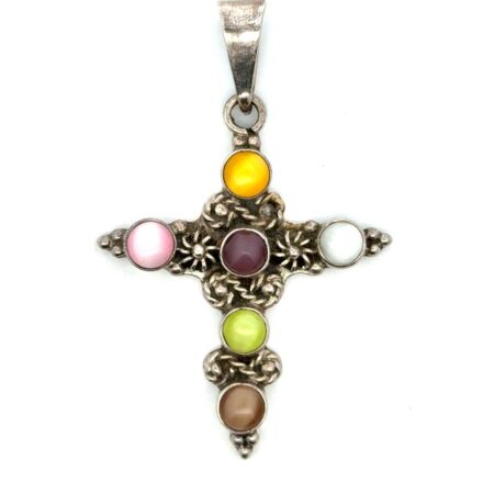 Vintage 925 Sterling Silver Floral Cross ATI Mexico Cat’s Eye Pendant, 12.9g