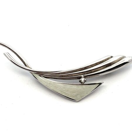 Vintage 925 Sterling Silver White Enamel Accent Brooch/Pin w/ Round Diamond 5.3g