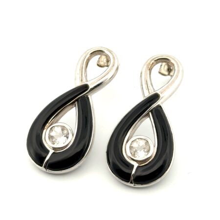 925 Sterling Silver Black Enamel Infinity Loop White Sapphire Earrings 13.3g
